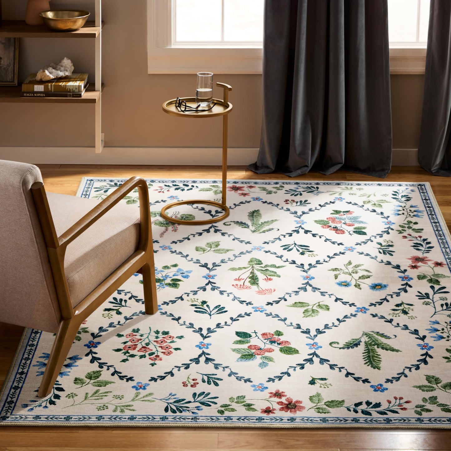 EVERWASH Haven Floral Trellis Machine Washable Area Rug with Airflo Technology for Easy Clean, Ultra-Soft Non-Slip Rug with Built-in Pad, Pet, Family & Allergy Friendly Rug, Ivory, 8'x10'