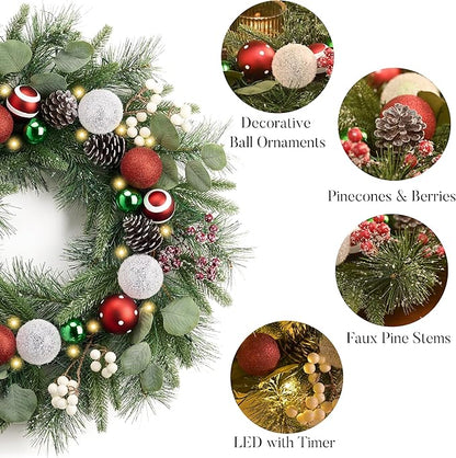Valery Madelyn 24’ Pre-Lit Christmas Wreath for Front Door with Light, Large Lighted Outdoor Christmas Wreath with Red Green White Xmas Ball Norfolk Pine for Home Porch Fireplace Window Holiday Decor