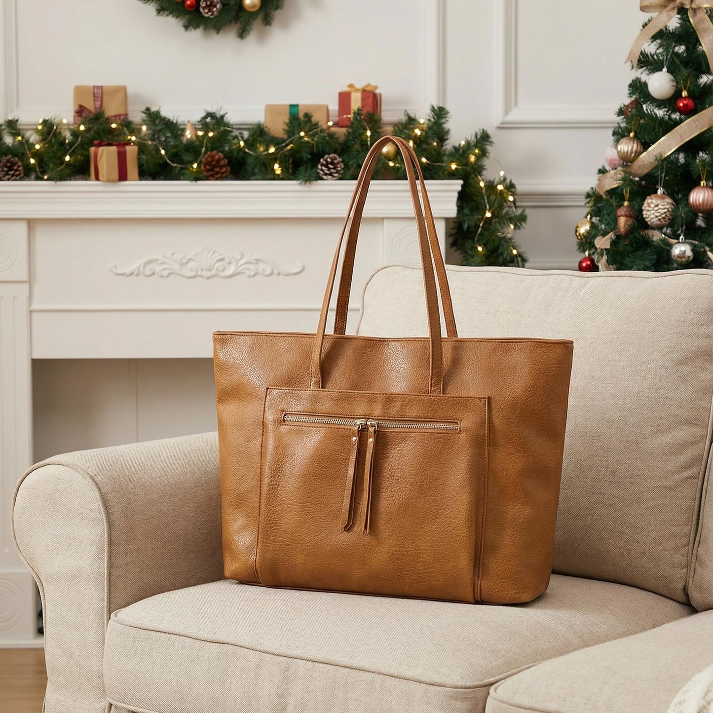 SharPlus Large Vegan Leather Tote Bag for Women with Zipper Shoulder Purse and Handbags for Travel & Work (camel)