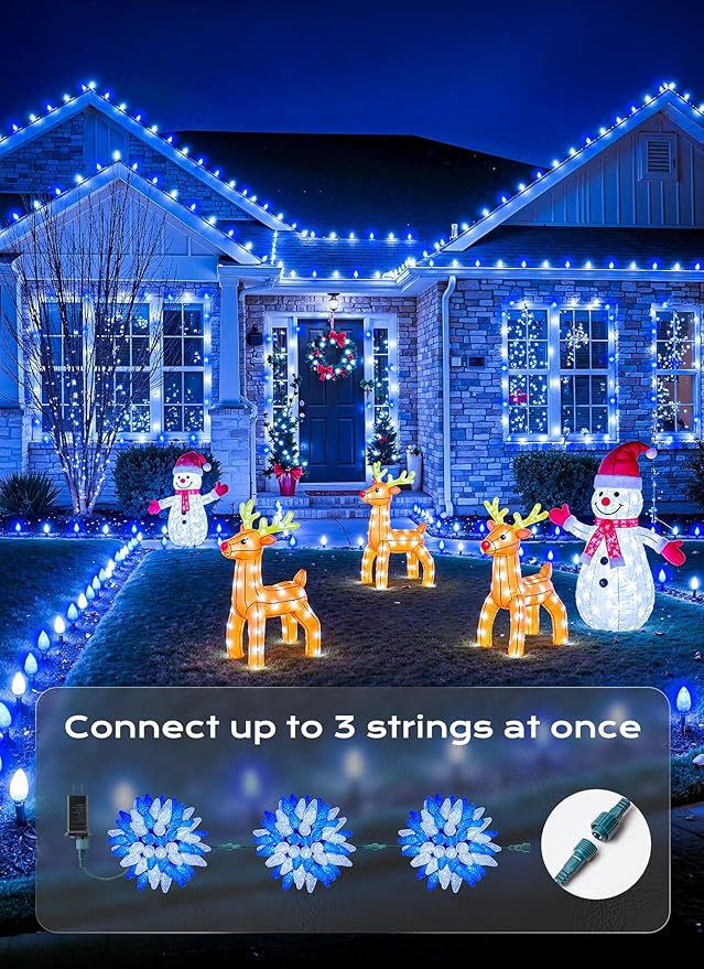 C9 Christmas Outdoor Lights, 72 FT 110 LED C9 String Lights, 8 Modes & Timer Extendable Waterproof for Christmas Tree Indoor Outdoor Roofline Patio Outside Garden Backyard Xmas Decor, Blue White