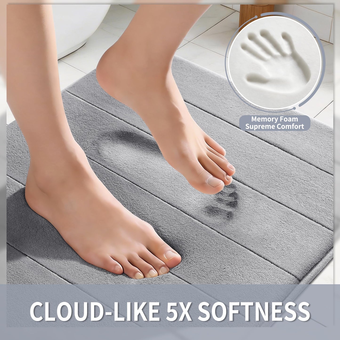 Yimobra Memory Foam Bath Mat, Super Soft Absorbent Bathroom Rug Non Slip 31.5x20 Inch, Quick Dry, Machine Washable Floor Carpet for Tub Shower, Home Decor Accessories, Gray