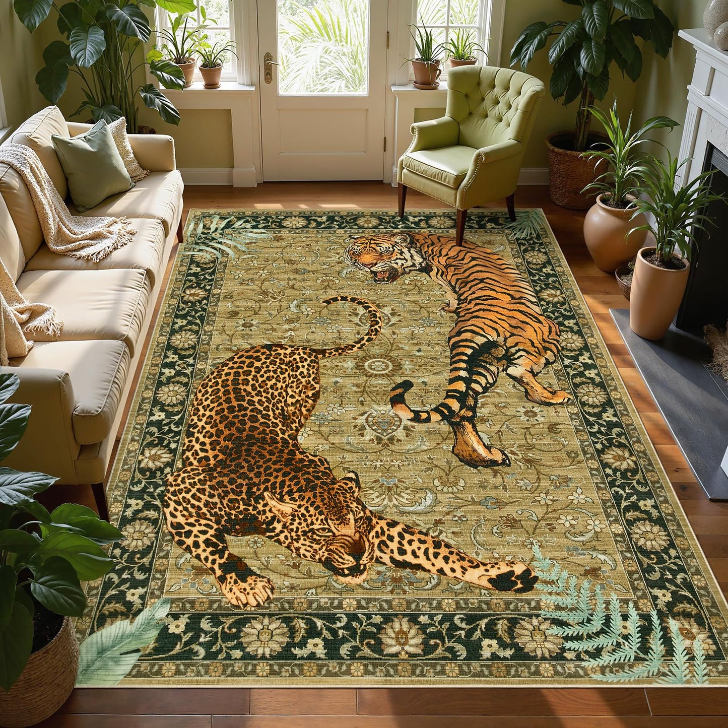 Joydeco Washable Tiger Print 5x7 Living Room Area Rug, Vintage Boho Cheetah Dining Room Rug Non Slip, Leopard Stain Resistant Carpet for Bedroom Office Playroom Entryway, Camel