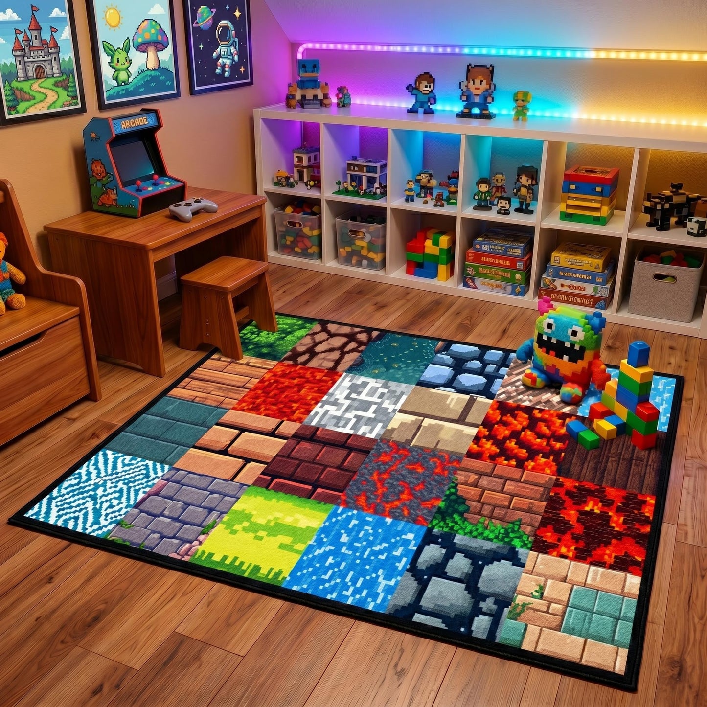 Game Room Rug - Video Game Decor for Boys Bedroom 2'5''x4' Block Theme Carpet Gaming Floor Mat Rugs for Boys Room Decor for Bedroom Living Playroom