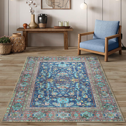 GIONARA Navy Blue Oushak Large Area Rug 8x10 - Washable Boho Rug Vintage Turkish Non-Slip Carpet Non-Shedding Extra Large Area Rugs for Living Room, Dining, Bedroom, Lounge, Farmhouse