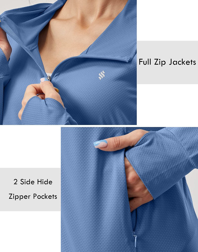 Soothfeel Women's UPF 50+ Sun Protection Hoodie Jacket Lightweight Long Sleeve Sun Shirt for Women with Pocket Hiking Outdoor Dark Blue M