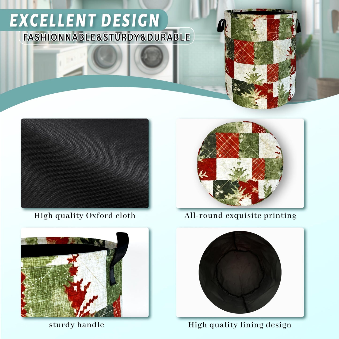 Christmas Laundry Basket Retro Red Green Christmas Tree Print Funny Laundry Hamper Foldable Oxford Cloth Tote Bag Clothe Toy Storage Bucket 18.9"x16.5"For Bathroom/Laundry Storage/Bedroom