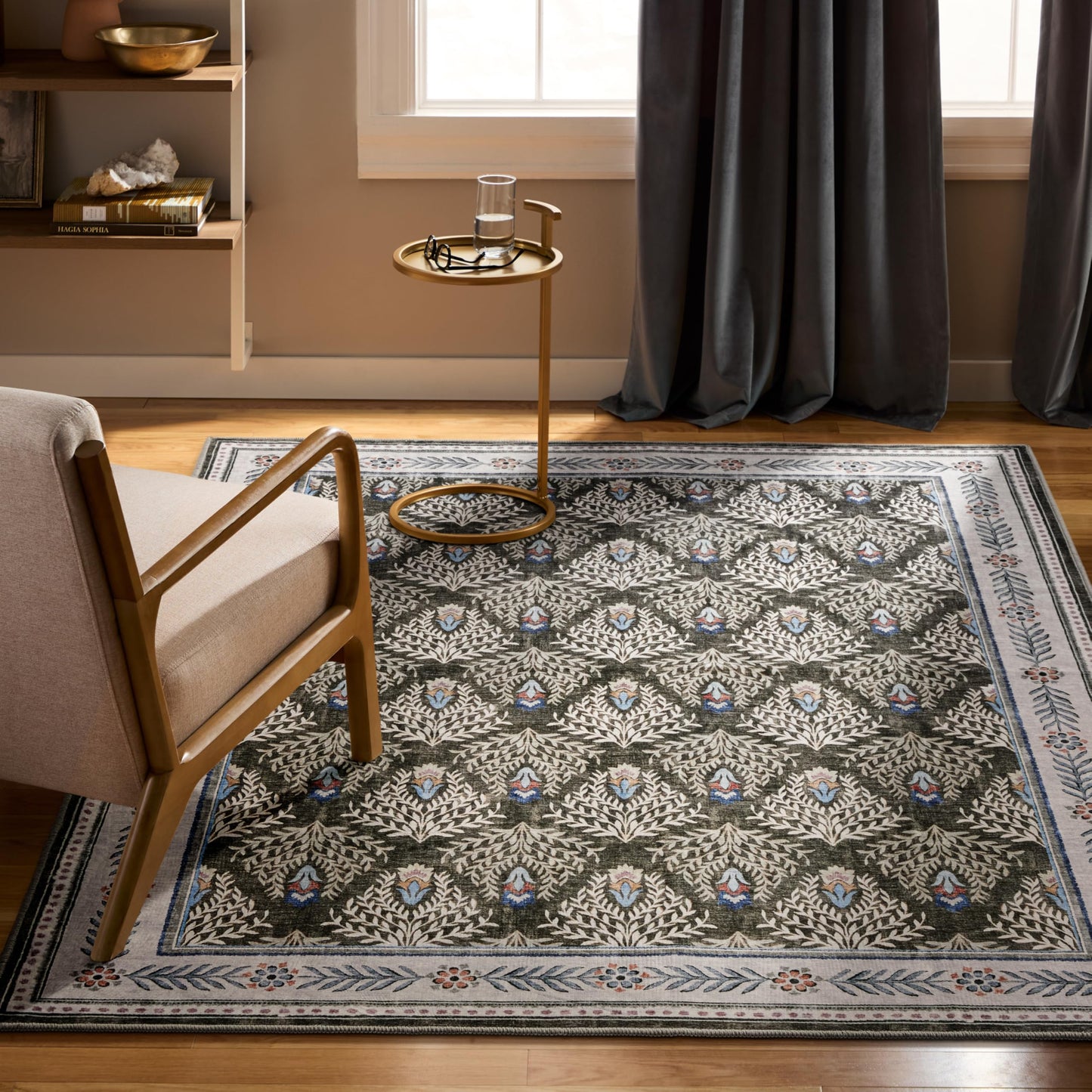 EVERWASH Haven Geo Border Machine Washable Area Rug with Airflo Technology for Easy Clean, Ultra-Soft Pile, Built-in Rug Pad with Non-Slip Backing, Pet, Family & Allergy Friendly Rug, Brown, 8'x10'