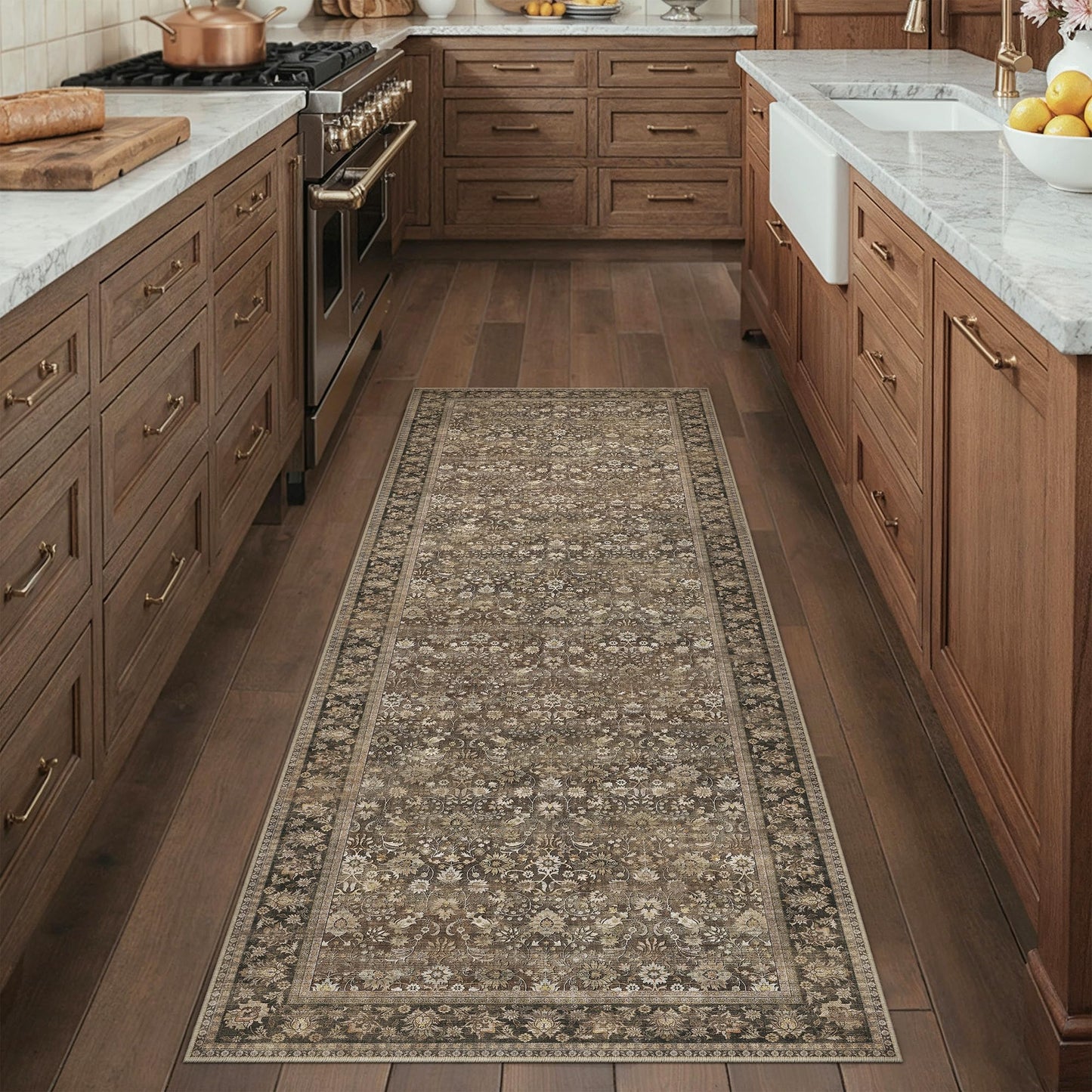 HUGEAR 2x6 Runner Rug Machine Washable Brown Hallway Area Rugs Indoor Accent Rugs Floral Low Pile Carpet Distressed Throw Rug Bedroom Living Room Office Dining Kitchen Laundry Non Slip