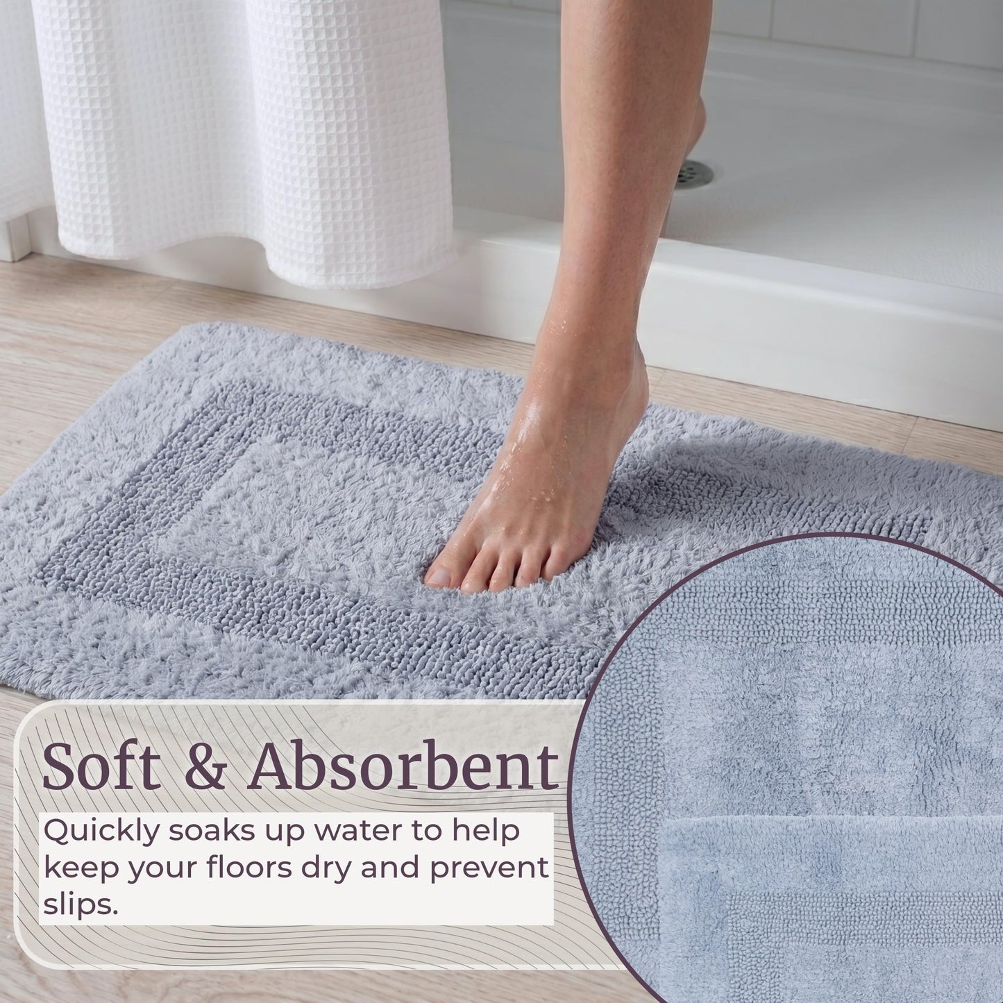 Cotton Bath Mat Set- 2 Piece 100 Percent Cotton Mats- Reversible, Soft, Absorbent and Machine Washable Bathroom Rugs By Lavish Home (Silver)