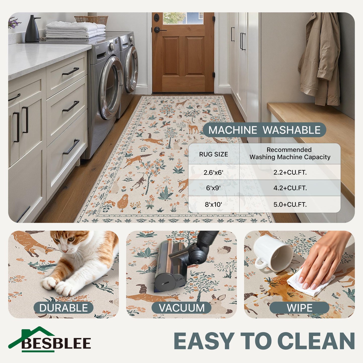 BESBLEE Washable Rugs 3x5, Soft Animal Print Ultra-Thin Low Pile Carpet, Non-Slip Stain Resistant Floral Pet Friendly Woodland Jungle Rug for Playroom Living Room Bedroom Entryway, Beige