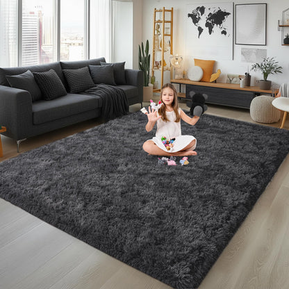 KOGSA 9x12 Large Area Rugs for Living Room, Charcoal Gray Ultra Fluffy Plush Rug for Living Room Bedroom, Thick Fluffy Carpet for Girls Boys Kids Room, Non Slip Dorm Rug for Home Decor Aesthetic