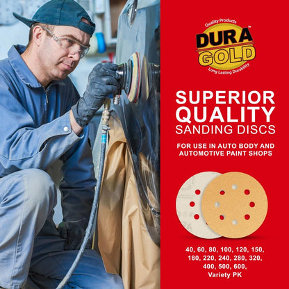 Dura-Gold Premium - Variety Pack - 5" Gold Sanding Discs - 8-Hole Dustless Hook and Loop - 10 Each of Grit (60, 80, 120, 220, 320) - Box of 50 Sandpaper Finishing Discs for Woodworking or Automotive