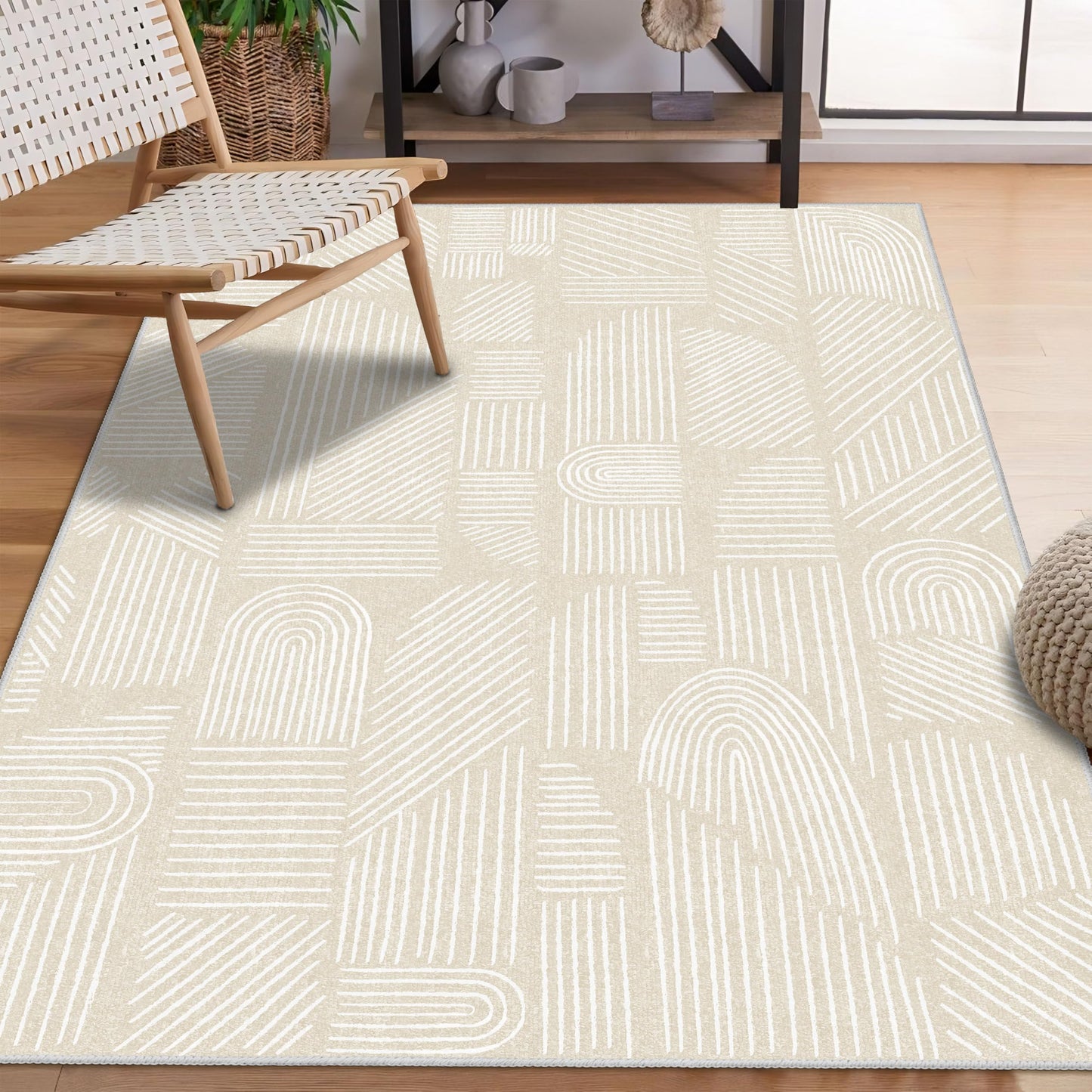 MUJOO 3x5 Washable Rug,Mid Century Modern Abstract Non Slip Low Pile Area Rug,Neutral Beige and White Rug for Living Room Bedroom Entryway