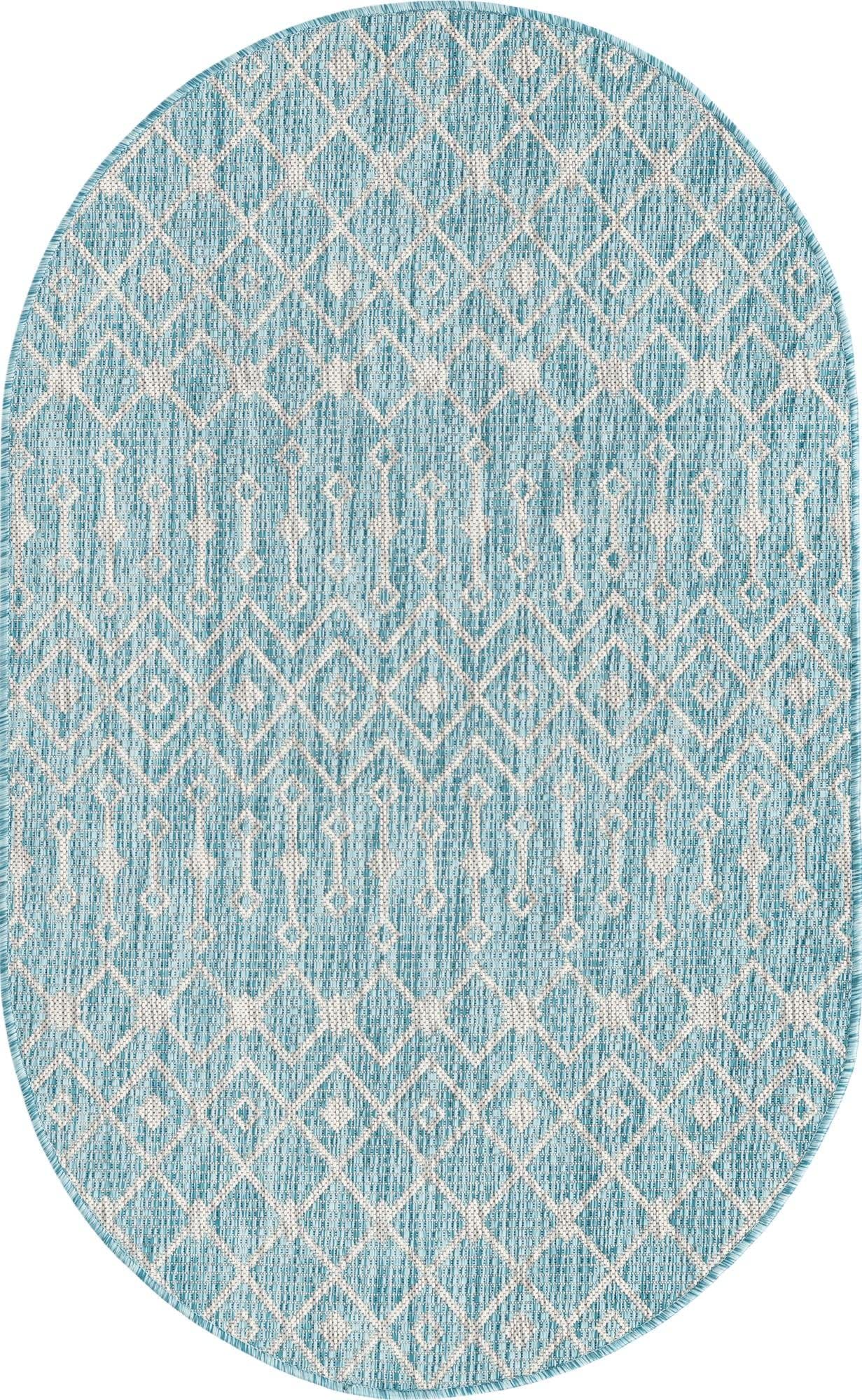 Unique Loom Outdoor Trellis Collection Area Rug - Tribal Trellis (3' 3" x 5' 3" Oval, Aqua/ Ivory)