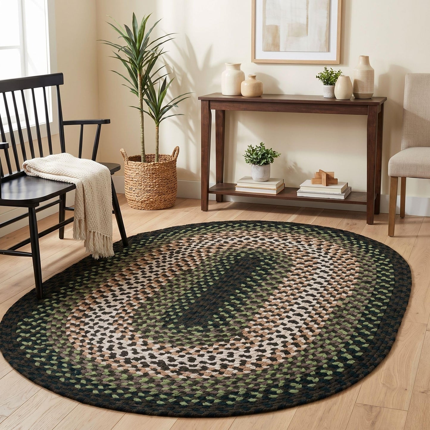 Super Area Rugs Oval 3' X 5' Green - Ivory Oval Braided Rug for Farmhouse/Primitive Style Spaces