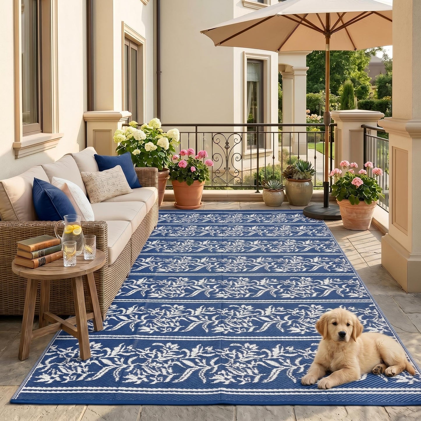 Garvee Outdoor Rugs 5x8 Waterproof Reversible Mat Boho Leaf Patio Rug with 4 Stakes and Starage Bag, Large Outdoor RV Mat Rugs for Camping, Picnic, Balcony, Deck, Backyard, Navy Blue & White