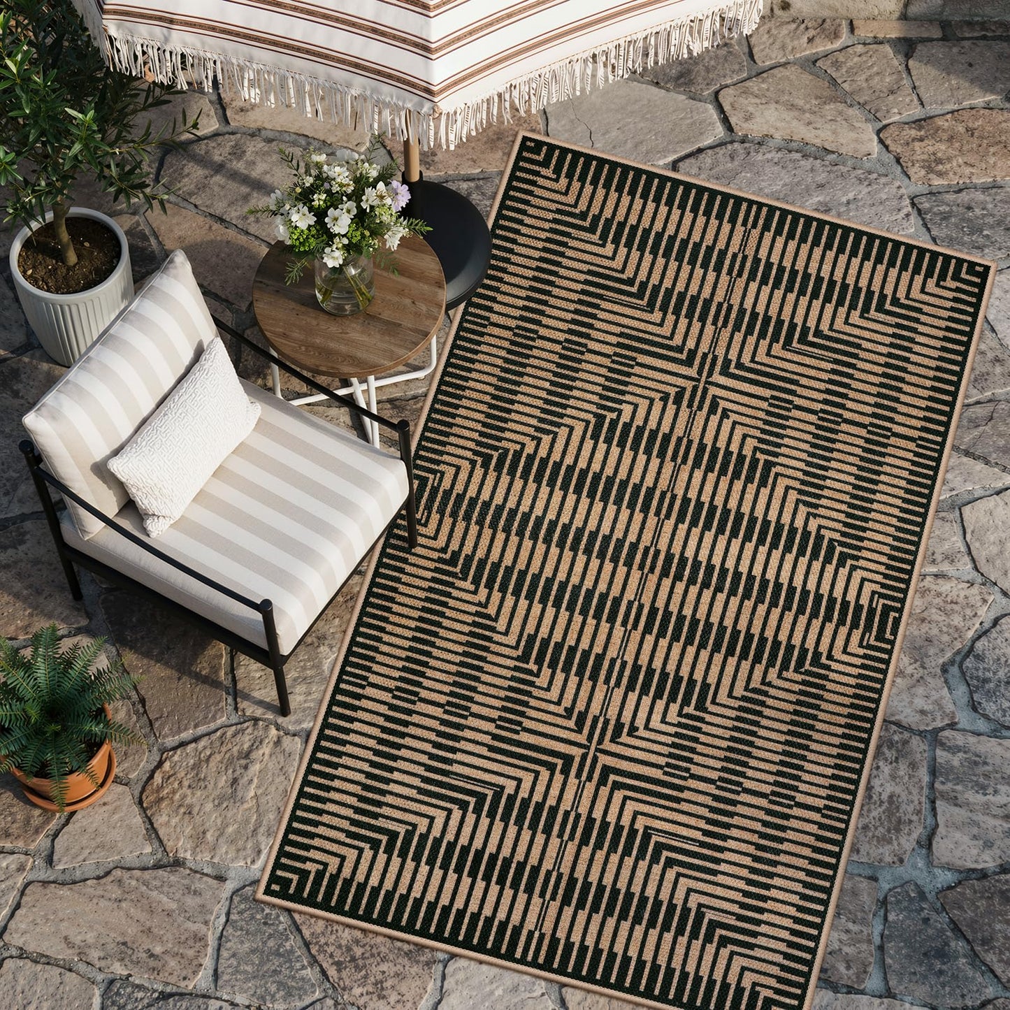 LIVEBOX Easy Jute 3x5 Outdoor Rug, Washable Non Slip Front Door Porch Rugs, Neutral Black Striped Accent Carpet Mat for Entryway, Mudroom (Black & Tan)