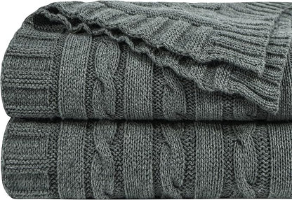 NTBAY 100% Pure Cotton Cable Knit Throw Blanket, Super Soft Warm 51x67 Knitted Throw Blanket for Couch, Sofa, Chair, Bed - Extra Cozy, Machine Washable, Comfortable Home Decor, Grey and White