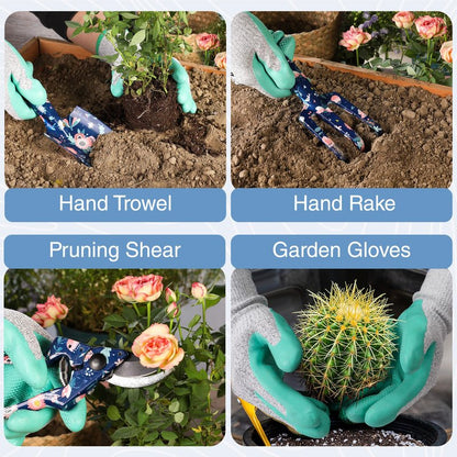 WORKPRO 5PCS Garden Tool Set, Aluminum Heavy Duty Gardening Tool Set with Garden Tool Bag, Outdoor Garden Hand Tools, Blue Insect and Flower