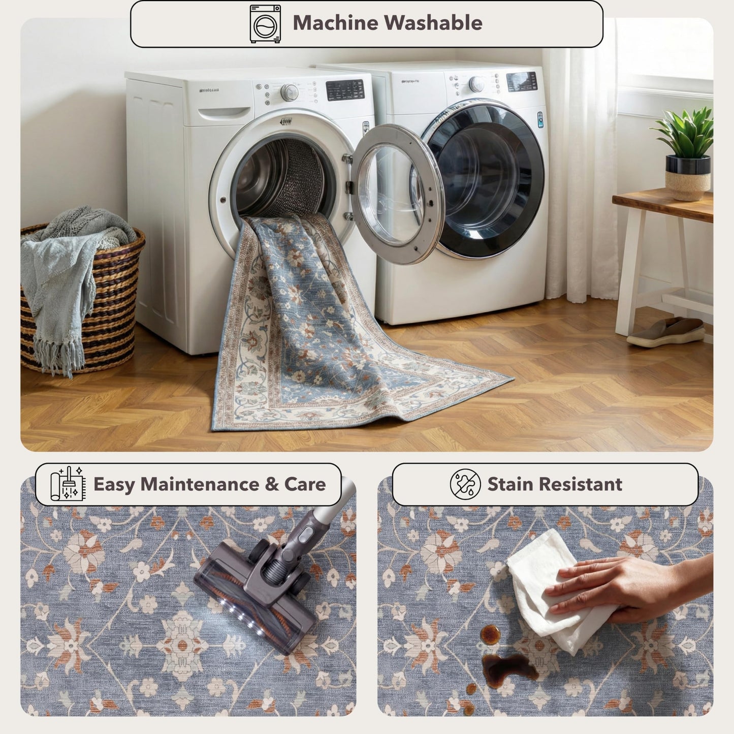 Kuden 6x9 Area Rug, Machine Washable Area Rug with Non-Slip Backing, Vintage Style, Soft, Easy Clean, Low Pile Rug for Living Room, Bedroom, Dining Room