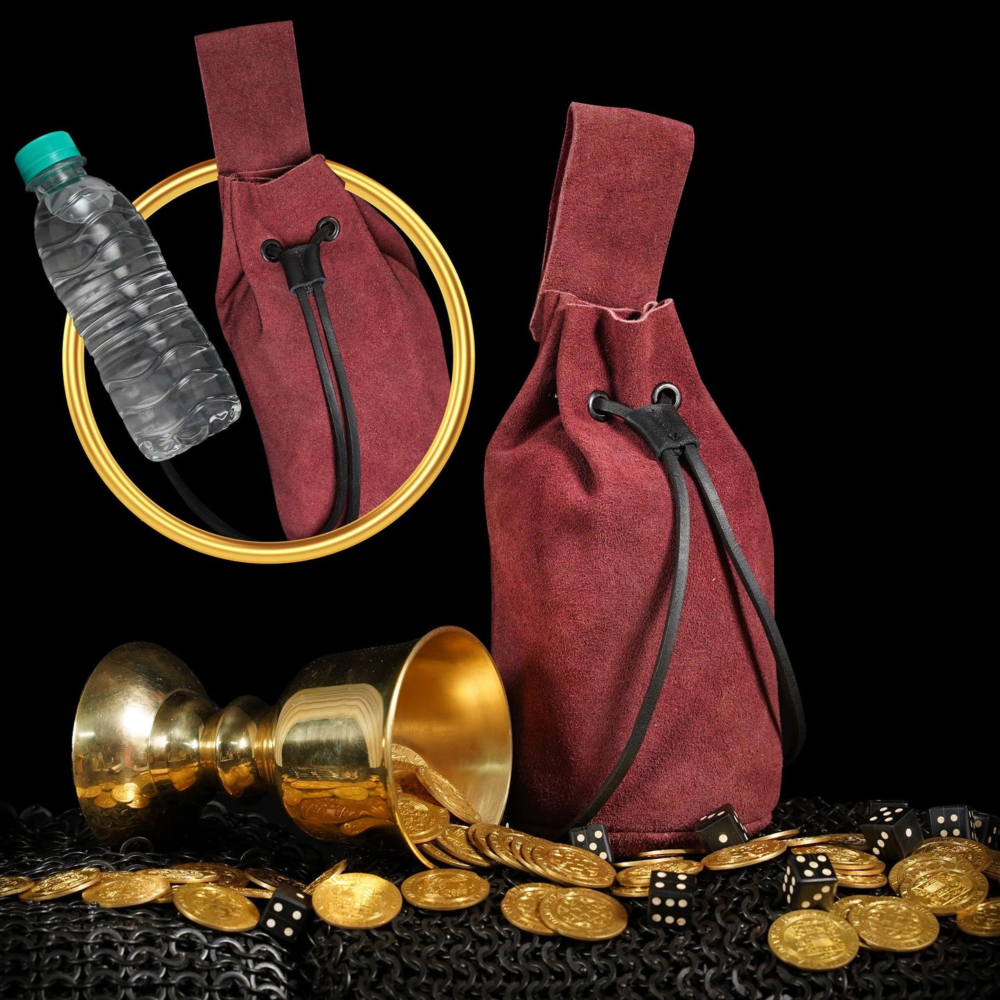 Mythrojan Drawstring Belt Bag Renaissance Costume Accessories Medieval Suede Leather Purse Viking Coin Jewelry Pouch Waist Bag for LARP, Festivals, Renfaire, Reenactments - Wine Red, 8" x 6.5"