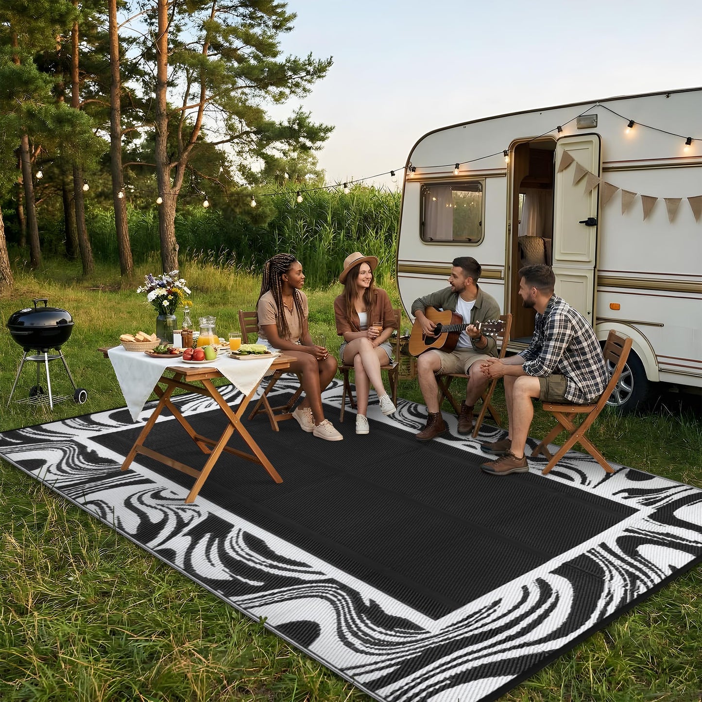 Garvee Black and White Outdoor Rug 5x8 for Camping Waterproof Quick Dry Plastic Straw Carpet Reversible Lightweight Patio Rug Easy to Clean for RV, Deck, Balcony, Backyard, Picnic, Beach, Black White