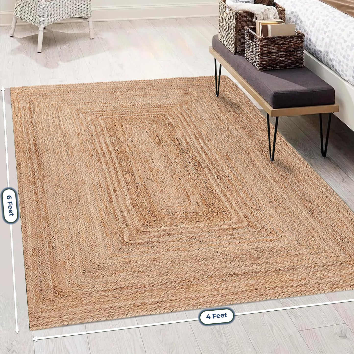 Raha Looms London Area Rug 4x6 Braided Jute Floor Mat – Reversible Natural Fiber Accent for Dining Room, Office, or Farmhouse | 48x72 Boho Area Carpet