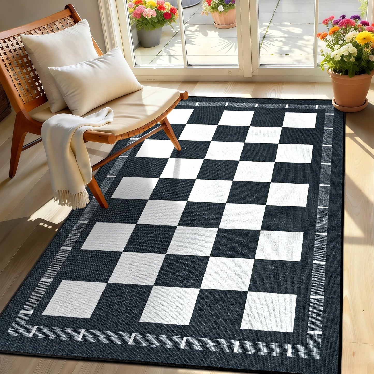Vasofe Plaid 3x5 Outdoor Patio Rug,Checkered Jute Entryway Rugs, Washable Black and White Indoor Bedroom, Farmhouse Neutral Front Door Mat,Modern Carpet for Porch Patio Balcony Kitchen