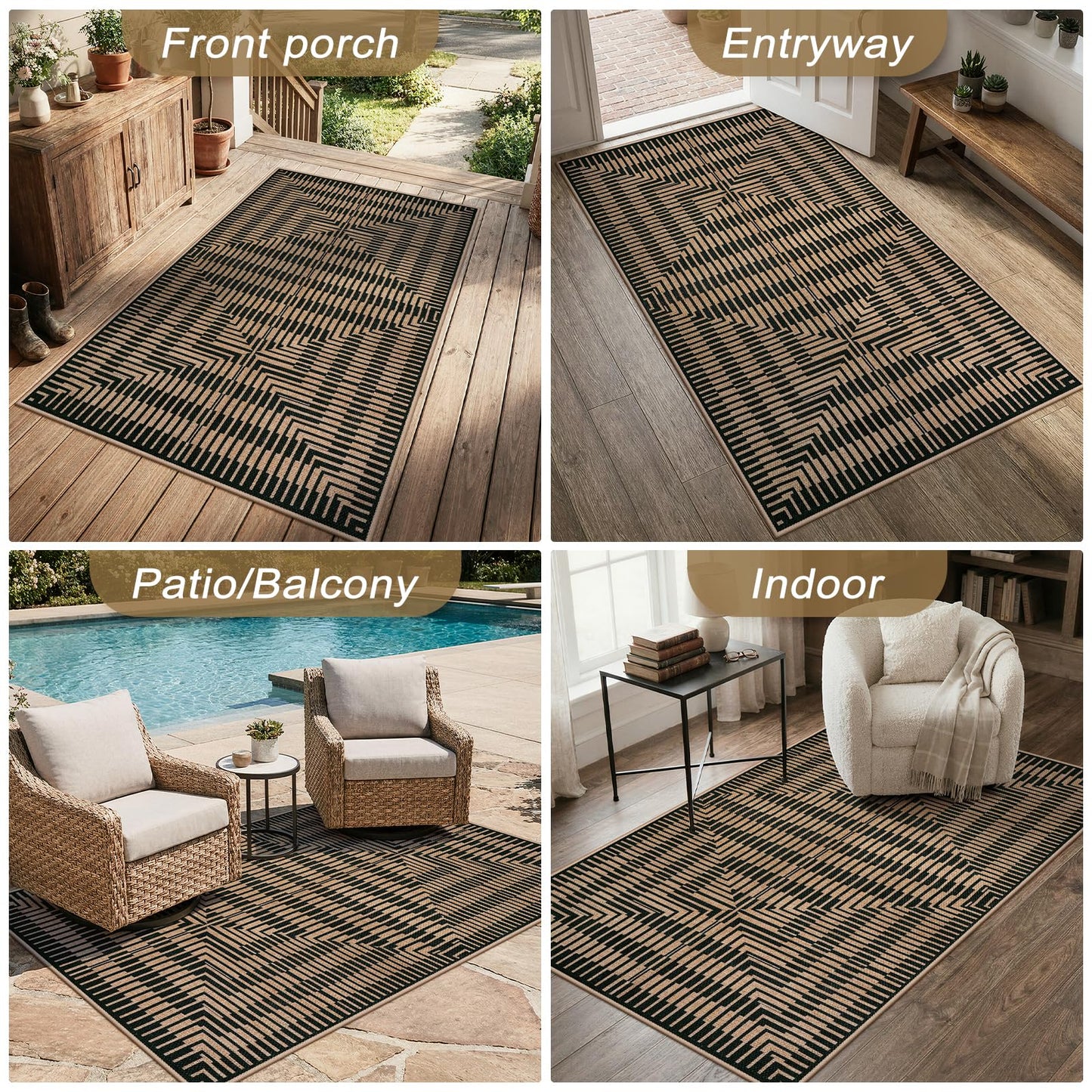 LIVEBOX Easy Jute 3x5 Outdoor Rug, Washable Non Slip Front Door Porch Rugs, Neutral Black Striped Accent Carpet Mat for Entryway, Mudroom (Black & Tan)