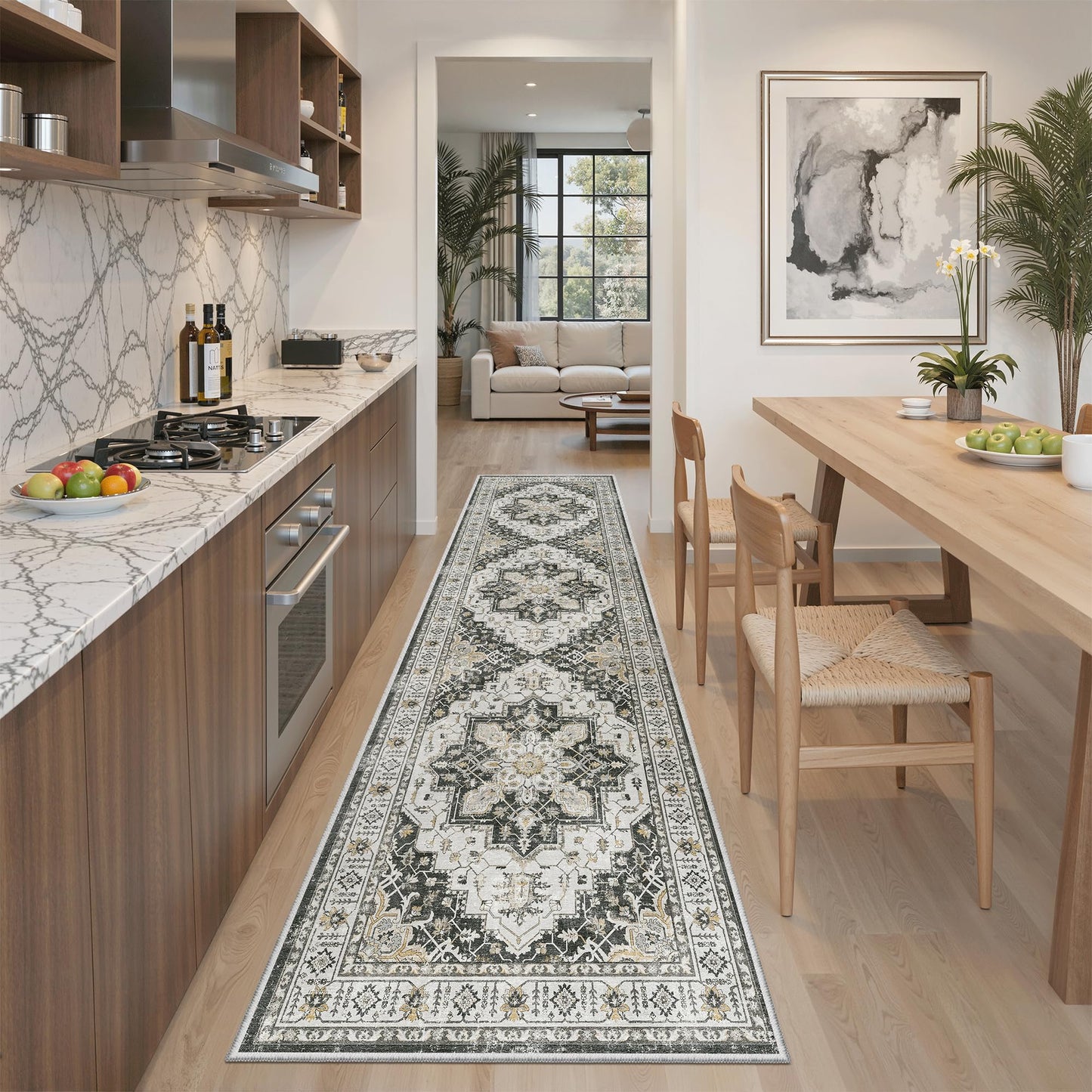 Madane Runner Rug 2x8, Washable Hallway Runner Rugs, Non-Slip Low-Pile Soft Kitchen Rug Runner Laundry Room Rug, Vintage Throw Entry Foyer Mat for Entrance Living Room (Black, 2 x 8)