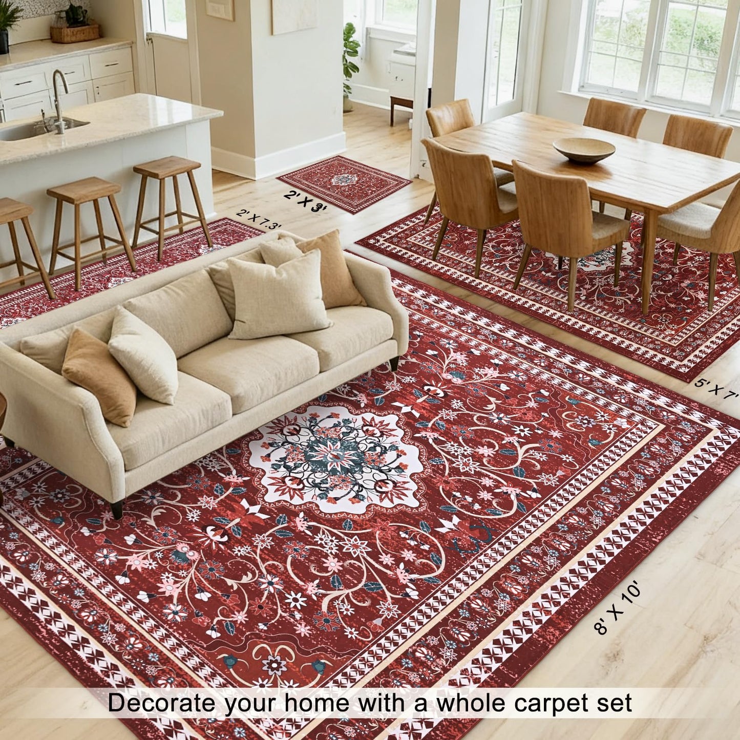 BLEUM CADE 5' x 7' Red Boho Rugs for Living Room, Washable Low Pile Non-Slip Area Rugs for Bedroom Dining Room Kitchen Classroom Office Nursery Playroom