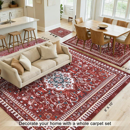 BLEUM CADE 5' x 7' Red Boho Rugs for Living Room, Washable Low Pile Non-Slip Area Rugs for Bedroom Dining Room Kitchen Classroom Office Nursery Playroom