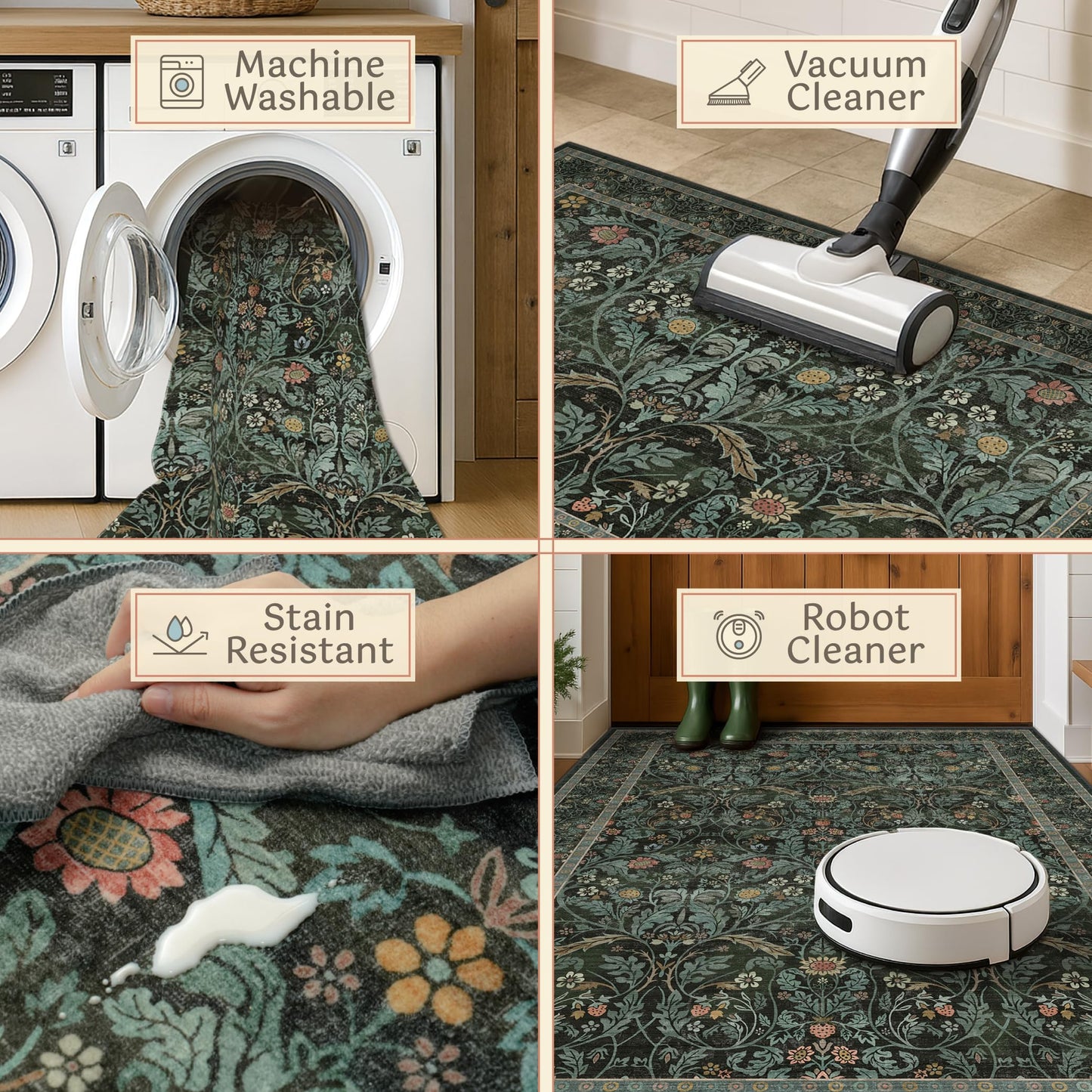 Washable Rugs for Living Room Dining Room 6x9 Stain Resistant - Non Skid Floral Area Rug, Low Pile & Soft Bedroom Under Bed Carpet, Botanical Funky Dark Green Mats