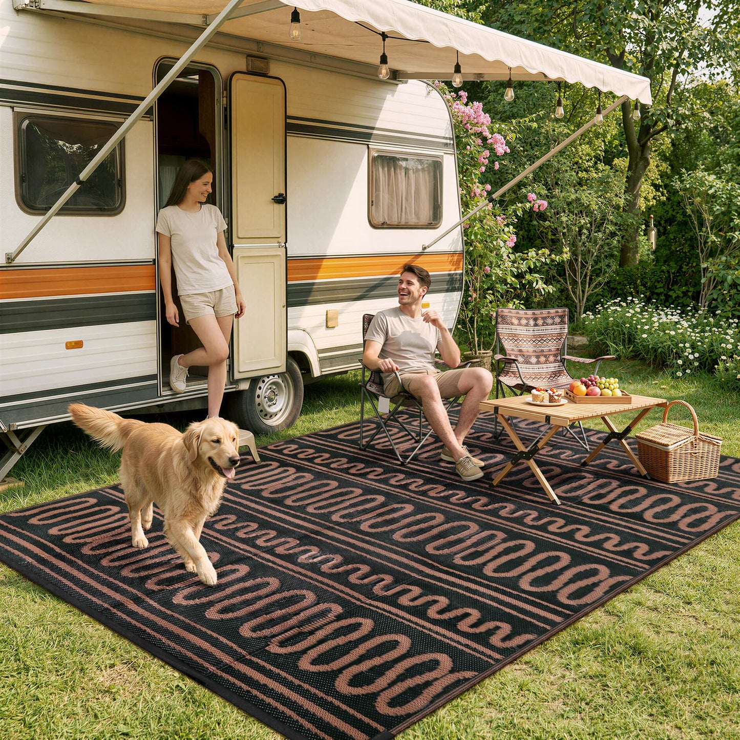 Beeiva Outdoor Rug 8x10 Waterproof for Patio, Reversible Plastic Straw Rug for Deck, Backyard, RV Camping, Black Brown