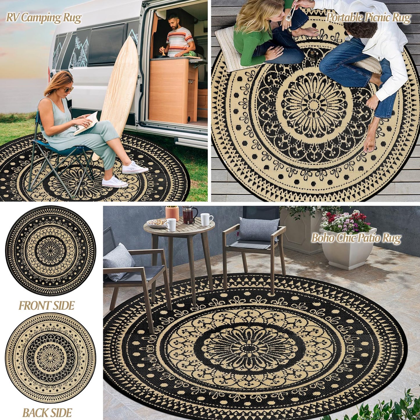 Cekene Round Outdoor Rugs Waterproof 6Ft Reversible Outdoor Patio Rugs Portable RV Camping Mats Lightweight Plastic Straw Rugs Outdoor Area Rug for Patio Picnic Beach BBQ, Black/Camel