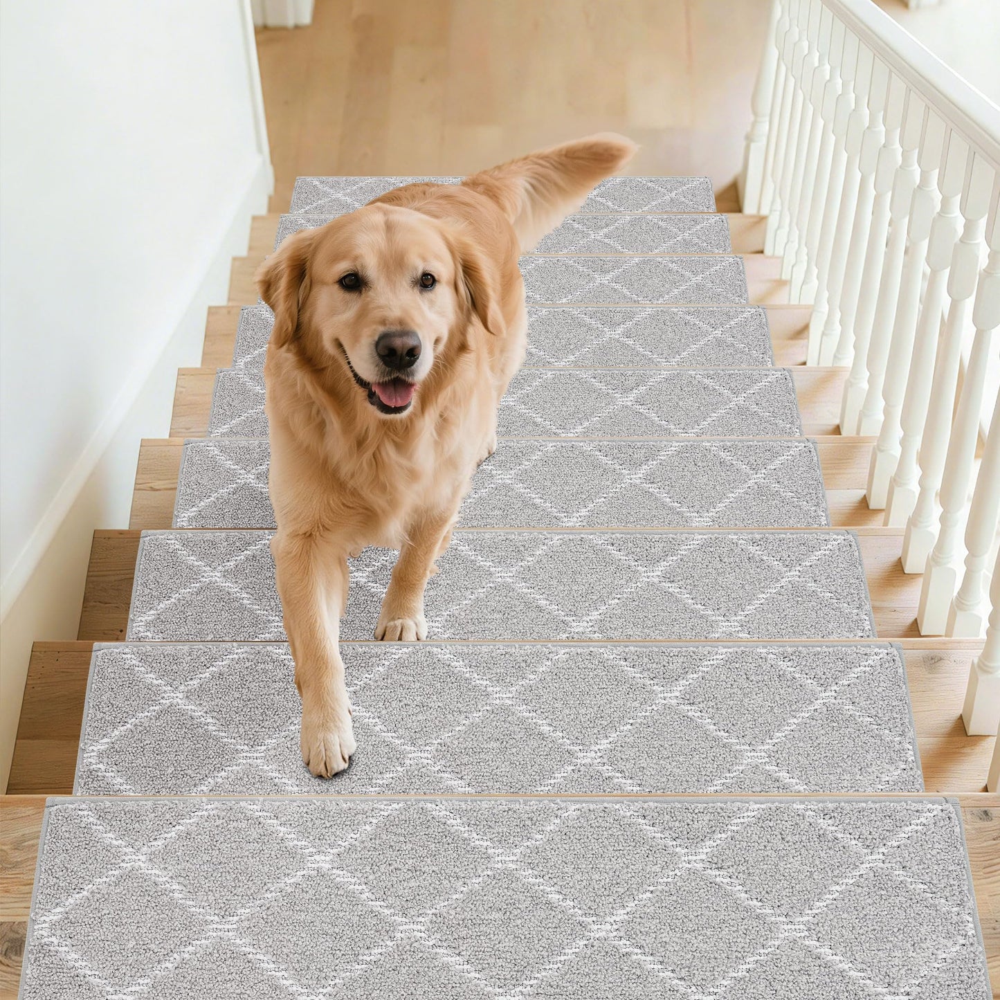 BEQHAUSE Stair Treads 15 Pack Self-Adhesive Stair Mats 28inX9in Stair Treads for Wooden Steps Non-Slip Stair Grips Polyester Soft Edging Stair Rugs Grey Stair Runner