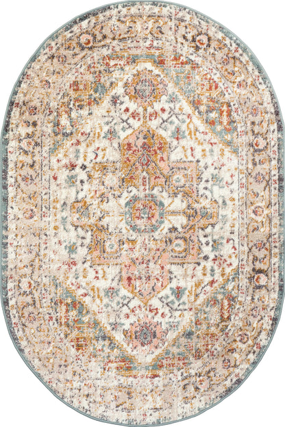nuLOOM Performance Oriental Style Area Rug, Vintage Design, Durable, Easy to Clean, Justine Beige, Oval 4' x 6'
