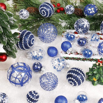 Super Holiday Christmas Ball Ornaments, 33PCS Blue Clear Shatterproof Plastic Foam Ornaments Set for Hanging Xmas Tree Holiday Thanksgiving Party Decor.