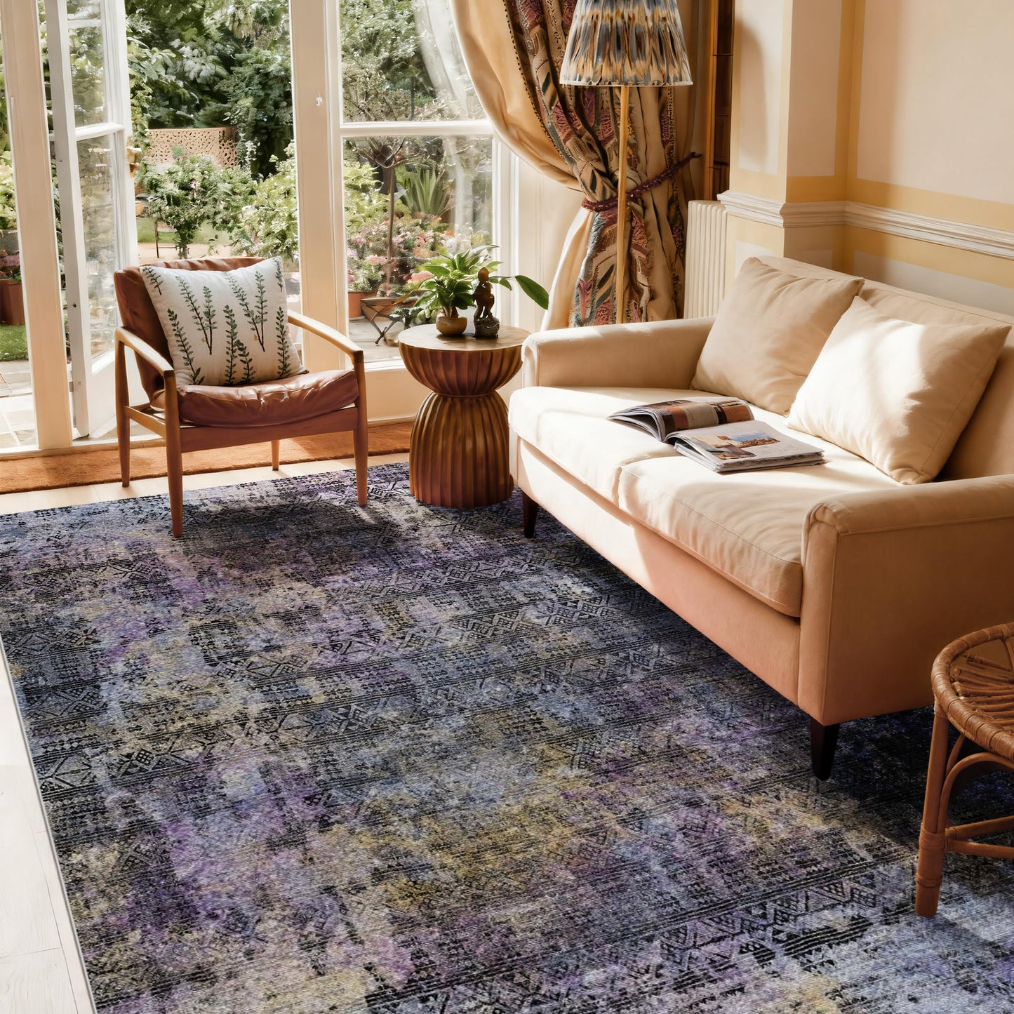 Kokia Abstract Area Rugs Washable Indoor 6x9 Rug Boho Distressed Retro Low Pile Non-Slip Non-Shedding Black Purple Carpet Bedroom Living Room Dining Room, Violet and Slate Blue