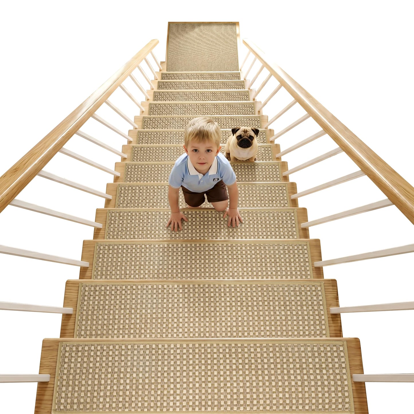 WELINHOME Chenille Stair Treads for Wooden Steps 8"x30" (15 Pack), Ultra Soft Non-Slip Carpet Stair Runners Indoor, Peel and Stick Self-Adhesive Step Rugs for Kids & Dogs, Machine Washable, Beige