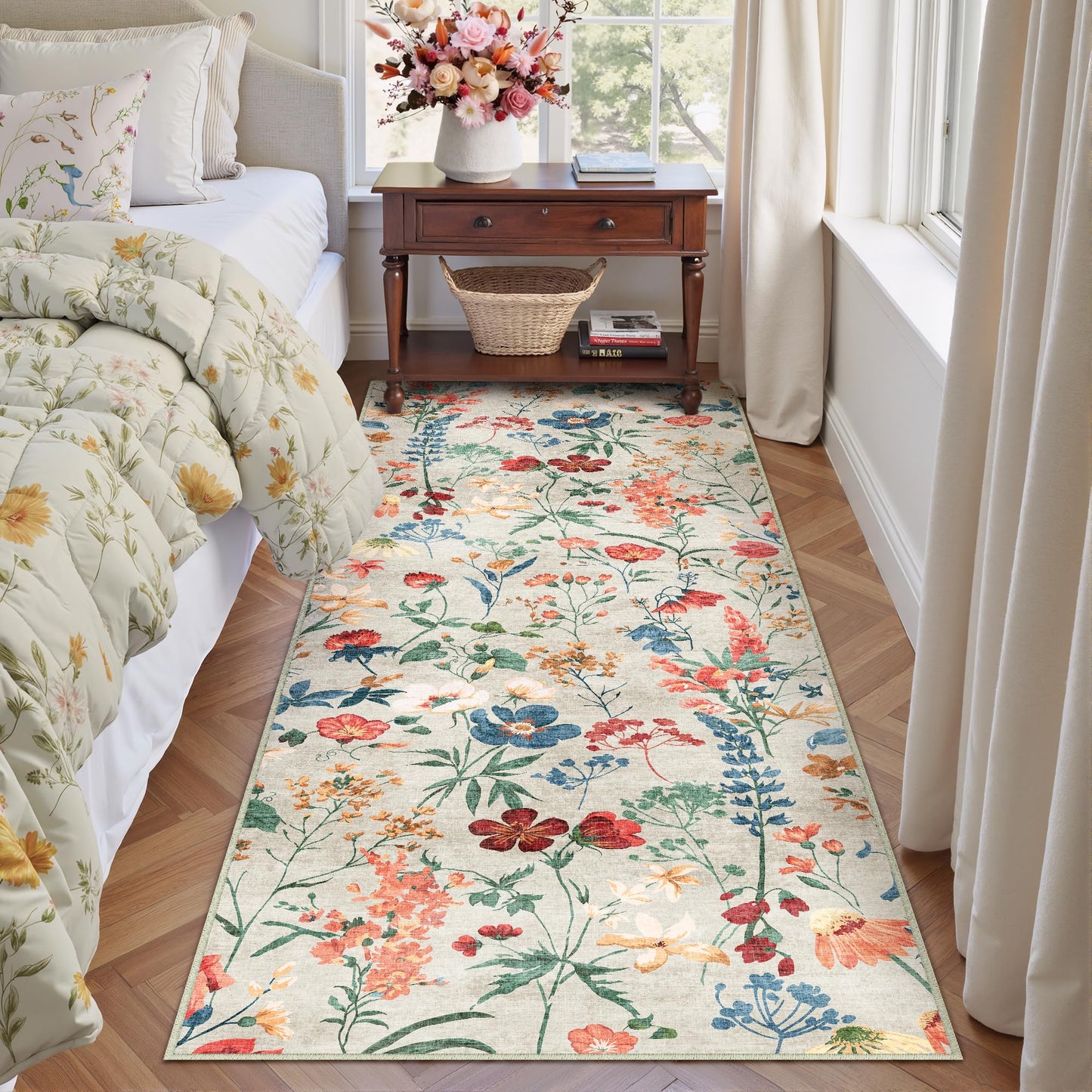 PureCozy Floral Runner Rug 2x6 Washable Hallway Long Beige Bedroom Carpet Non Slip Indoor Boho Kitchen Low Pile Accent Rug Lightweight Soft for Bathroom Dining Laundry Living Room