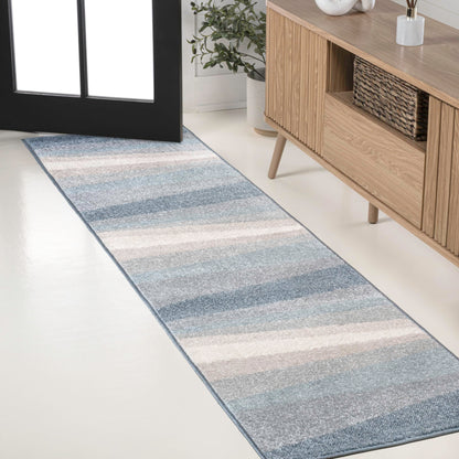 JONATHAN Y Prism Geometric Striped Runner Rug 2x8, Blue/Cream/Gray, Modern, Coastal, Easy-Cleaning for Living Room, Bedroom, Kitchen, Pet Friendly, Non-Shedding (DZC101D-28)