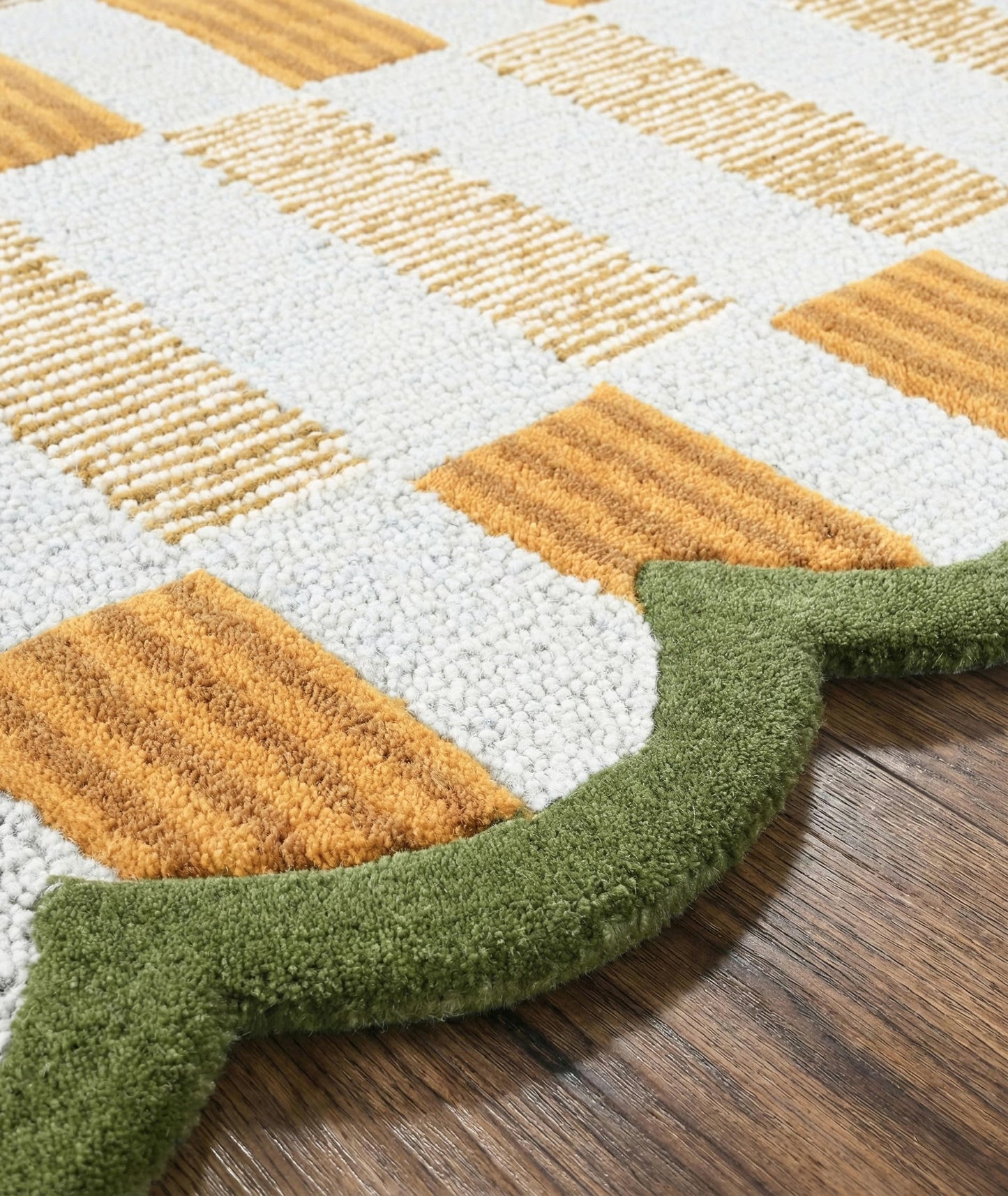 RUGWYN Hand-Tufted Scalloped Wool Area Rug, Modern Plaid Checkered Pattern, Soft & Durable Cozy Accent Rug for Living Room, Bedroom & Nursery, Handmade Decorative Carpet (Light Blue, 4' x 6')