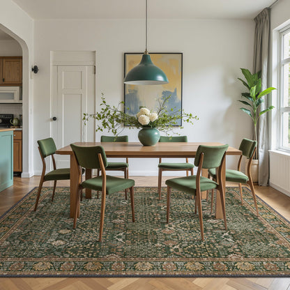 Bavni Washable Rugs 8x10-Machine Washable Rug Lightweight Low Pile, Vintage Floral Rug Non-Shedding Distressed Throw Carpet for Living Room Bedroom Office, Dark Green/Multi