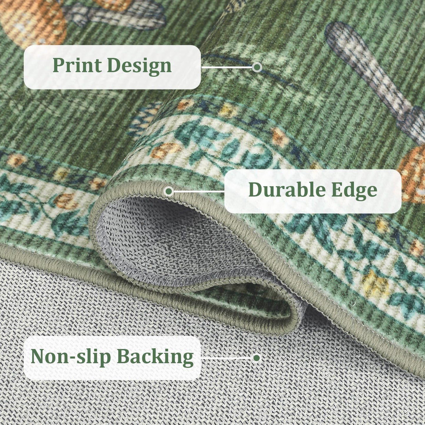 ROYHOME Mushroom Washable Rug 5x7 Area Rugs for Living Room, Insect Print for Bedroom, Non Slip Throw Rugs with Rubber Back, Soft Low Pile Dining Room Carpet for Under Table, Green