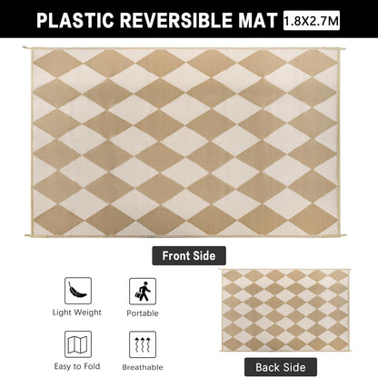 WondRg Outdoor Plastic Checkered Rug Waterproof Patio 6x9 Beige Brown Diamond Geometry Mat for Porch Camping RV Balcony Deck Courtyard Reversible Lightweight Durable Portable