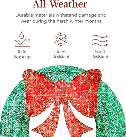 Best Choice Products 60in Pre-Lit Outdoor Christmas Wreath Decoration, LED Metal Holiday Decor for Home Exterior, Garden w/ 206 Lights, Bow - Green/Red