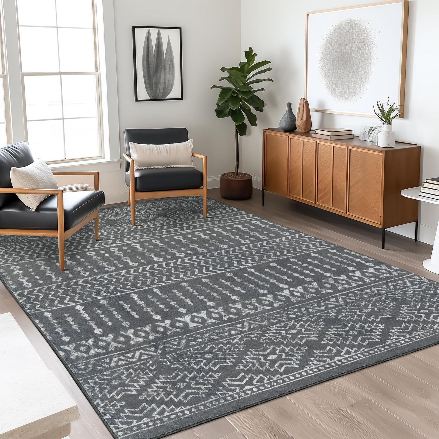 Art&Tuft 3x5 Rug, Super Soft Ultra-Thin Moroccan Washable Rug, Anti-Slip Backing Rugs for Living Room, Foldable Geometric Machine Washable Area Rug(3'x5', Grey)