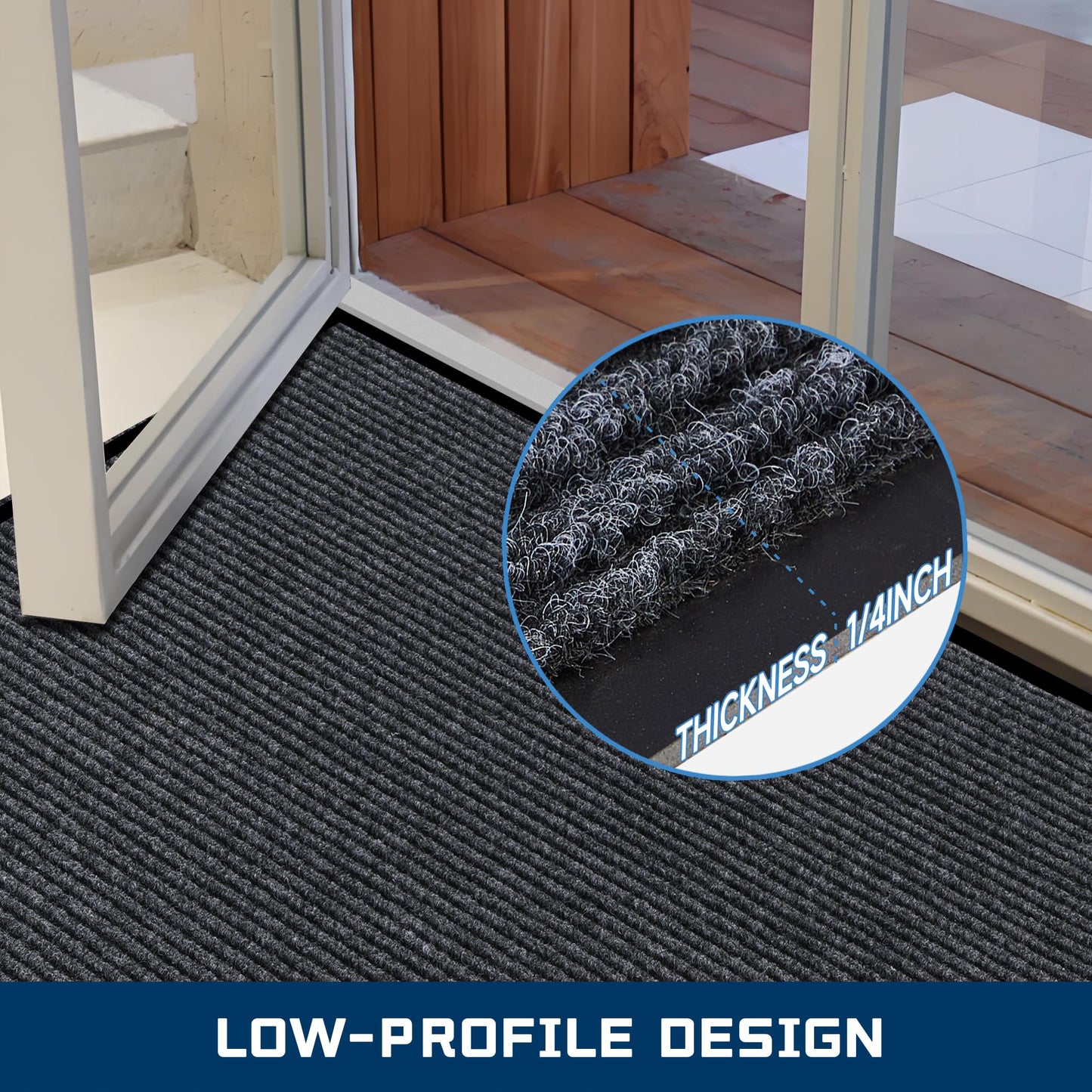 Large Indoor Outdoor Door Mat, 2' x 6' Heavy Duty Commercial Floor Mat Inside Outside Entrance, Rubber Border Doormats for Entryway, High Traffic Area, Waterproof, Low-Profile, Easy to Clean