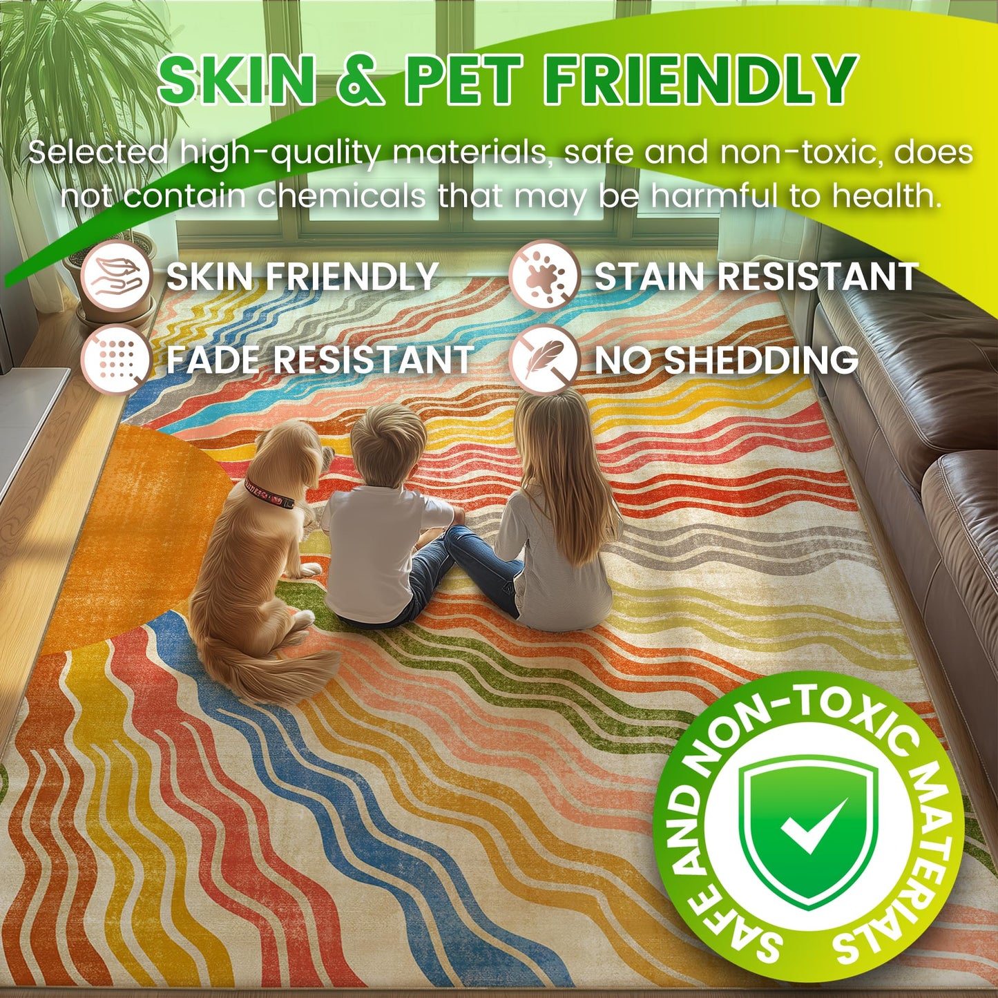 Washable 5x7 Sun Area Rug for Living Room, Rainbow Sun Modern Retro Large Area Rugs, Ultra Thin Low Pile Lightweight Soft Indoor Floor Carpet with Non-Slip Backing for Bedroom Kids Nursery Play Room
